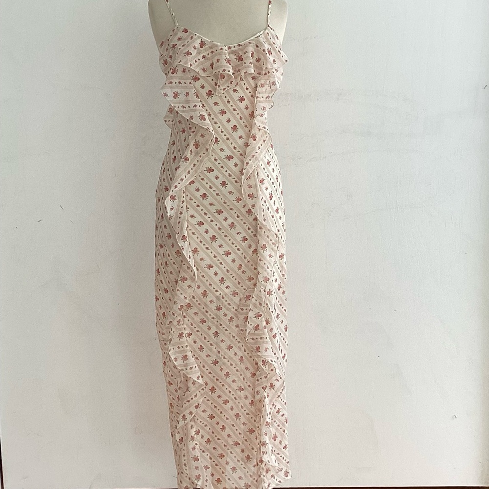 Sim & Sam Ivory Mauve Mini Floral Print Spaghetti Strap Ruffle Maxi Dress M NWT